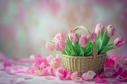Bouquet of pink tulips in a basket on a light background