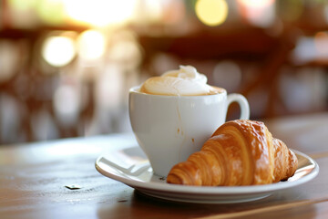 Coffee cup and croissant on table, blurred cafe background