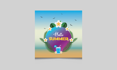 hello Summer Social Media Post Template with Tropical background with flower, palms leaves and cold drinks