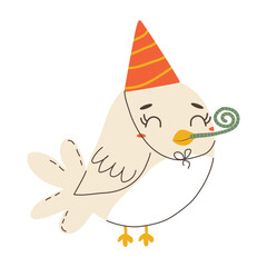 A cheerful bird blows into a festive pipe. Cute holiday cartoon character in simple children's hand drawn style. Vector isolate in pastel vintage palette on white background