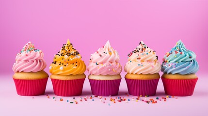 Delicious cupcakes with cream on pink background.