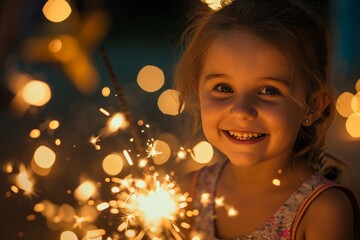 A young girl smiles at a giant sparkler