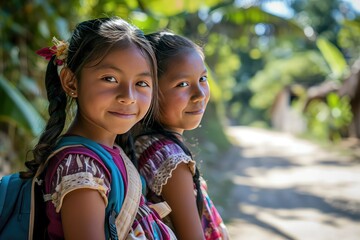 Hispanic girls ready to go to school in rural areas - obrazy, fototapety, plakaty