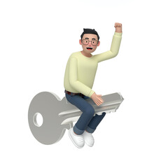 A man is riding on a key with a white background. 3D Cartoon