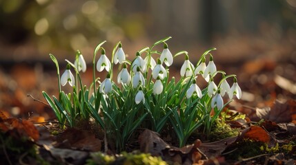 A bunch of snowdrops in the grass in park. 