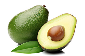 avocado ripe, Isolated fresh green avocado with leaf, cut into a healthy and ripe half, showcasing its nutritious and organic qualities on a white background, with clipping path