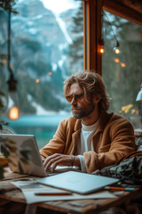Fototapeta premium young man sitting at a computer in front of a winter window