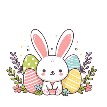A cute and beautiful easter bunny with colorful eggs.