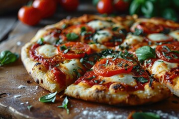 A rustic, mouth-watering pizza with juicy tomatoes and fragrant basil, served on a charming wooden board - the perfect embodiment of italian cuisine and californian style fast food - Powered by Adobe
