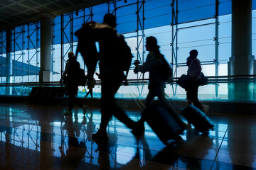 People walking to gate departure of flight. Tourists with luggage. Travel, tourism, journey concept