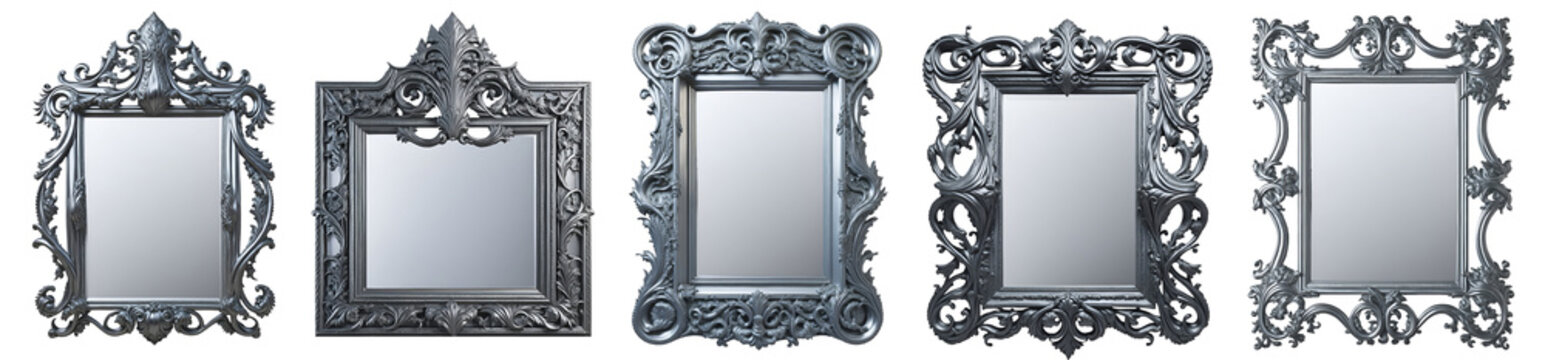Antique decorative carved design wall mirror set isolated on transparent background. Generative AI	