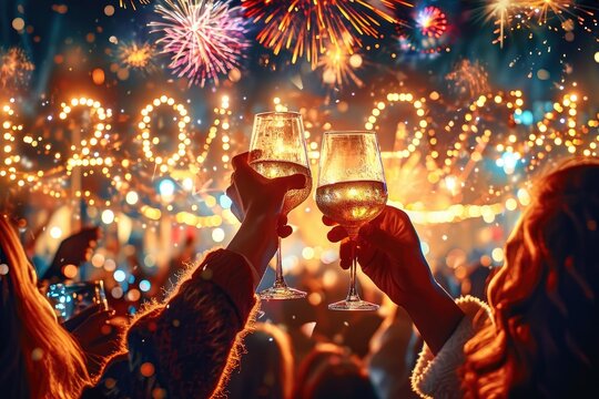 Amidst the vibrant lights and crackling fireworks of a festive holiday event, a group of individuals raise their wine glasses in celebration of the new year, basking in the joy and excitement of the 