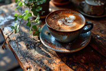 A rustic, outdoor scene captures a serene moment of indulgence as a porcelain coffee cup sits atop a wooden saucer, filled with a rich, caffeinated beverage, surrounded by lush green plants