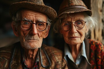 An elderly couple exudes timeless elegance as they stroll down the street, their wrinkled faces adorned with fashionable hats and glasses - obrazy, fototapety, plakaty