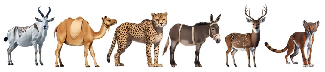 Close up set of animals addax, camel, cheetah, donkey, deer, fossa isolated on transparent background. Generative AI	