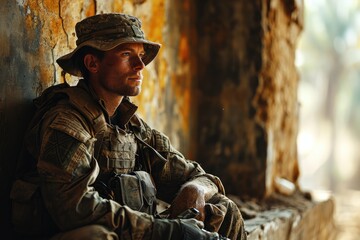 A stoic soldier gazes out the window, his camouflaged uniform blending seamlessly with the outdoor scenery