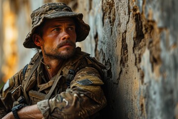 A rugged soldier takes a moment to reflect against a brick wall, the sun hat on his head adding a touch of style to his military uniform