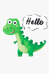 Cute smiling cartoon dinosaur say Hello
