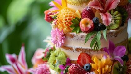 Obraz na płótnie Canvas An 8K close-up shot of a tropical-inspired birthday cake, adorned with exotic fruits, vibrant flowers, and a touch of edible gold