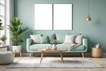 scandinavian living room with design mint sofa, furnitures, mock up poster map, plants and elegant personal accessories. Modern home decor