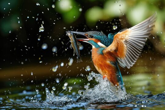 A majestic kingfisher displays its prowess as it triumphantly clutches a glimmering fish in its sharp beak, surrounded by the tranquil waters and untamed beauty of the great outdoors