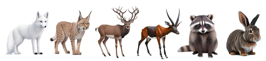 Obraz premium Close up set of animals arctic fox, lynx cat, stag, saola, raccoon, rabbit isolated on transparent background. Generative AI 