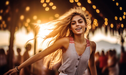 Joyful young woman dancing at a summer beach party with sun flare and bokeh lights in the background, feeling the rhythm and enjoying the moment