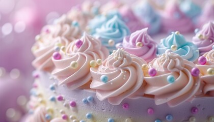 An 8K image capturing the joyous essence of a classic vanilla birthday cake, beautifully decorated with pastel-hued buttercream swirls and edible pearls