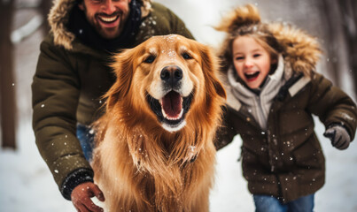 Joyful Family and Energetic Golden Retriever Playing in Snow, Capturing the Happiness and Fun of Winter Activities Together