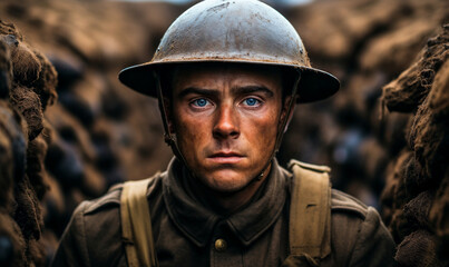Obraz premium Solemn soldier in World War uniform standing in the trenches, intense gaze reflecting the gravity of military service and the historical impact of global conflict