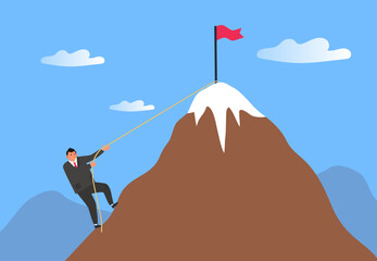 businessman climbing up mountain with rope success leadership business competition vector illustration