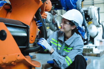 Caucasian female factory engineer inspects electrical conduits for industrial robot arm controller...