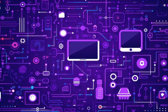 Purple background for a webpage with many technology style icons