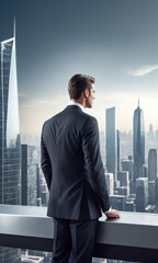 Professional photo shoot of business man in a suit standing in front of a cityscape with skyscrapers in the background