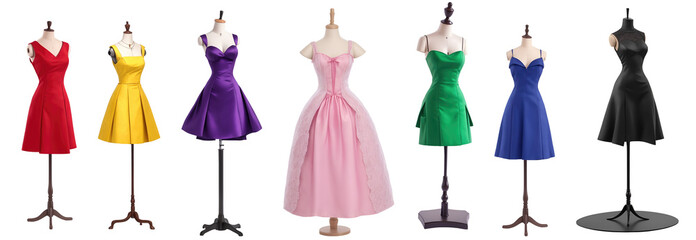 Fashion elegant party dresses mannequin with stand set isolated on transparent background. Generative AI	