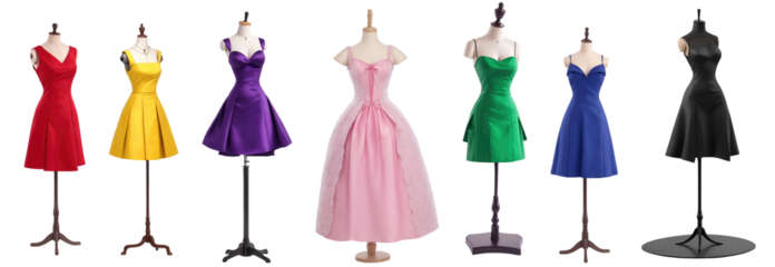 Fashion elegant party dresses mannequin with stand set isolated on transparent background. Generative AI	
