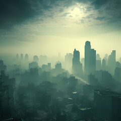 Dystopian city skyline shrouded in smog.