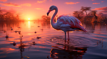 Fototapeta premium Lone Flamingo Ballet at Sunset.