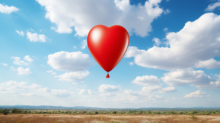Red heart shape balloon symbol floats in the blue sky and white clouds