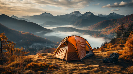 Tent and mountains in the background at mountains with misty in the morning.