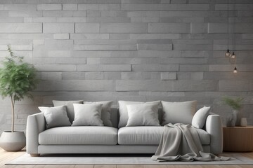 Fototapeta na wymiar Light grey living room sofa with pillows in front of a natural stone wall