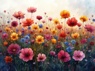 Vibrant Flower Field Watercolor