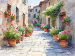 Fototapeta na wymiar European Alleyway Watercolor