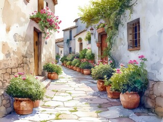 European Alleyway Watercolor