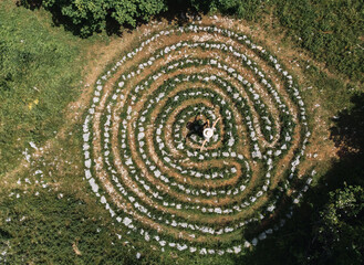 Naklejka premium Aerial view of celestial Labyrinths stone mazes in mountains above Novi Vinodolski, Croatia