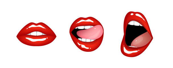 Beautiful plump glossy realistic bright sexy female lips in red color. Set of isolated vector illustrations on transparent background - obrazy, fototapety, plakaty