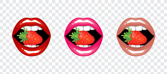 Beautiful sexy plump glossy female lips holds strawberry, red, pink and beige nude colors. Set of isolated vector illustrations on transparent background