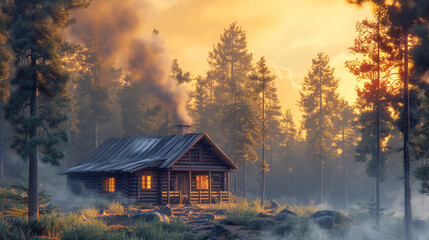 A warm, log cabin with smoke rising from the chimney, tucked up among towering pines.
 - obrazy, fototapety, plakaty