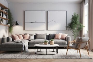 Fototapeta na wymiar Interior design living room with grey sofa, modern home decor