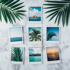 Mock-up d'un moodboard avec 7 photo insta posées sur une table en marbre avec 2 branches de palmier. Les photos remplissant les mock-up représentent la mer, les îles et des palmiers - obrazy, fototapety, plakaty